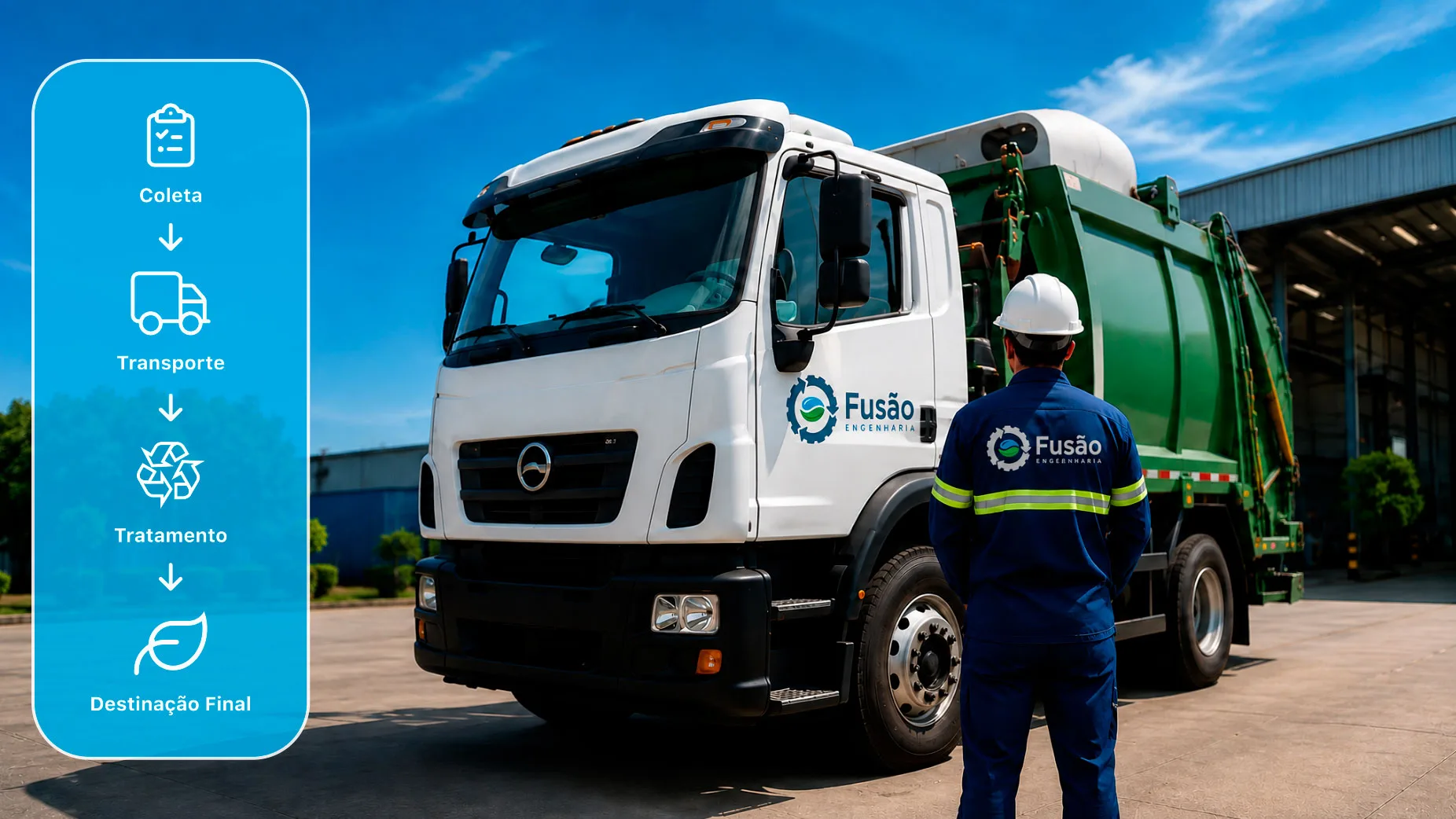 Caminhão e coletor da Fusão Engenharia com etapas de coleta, transporte, tratamento e destinação final