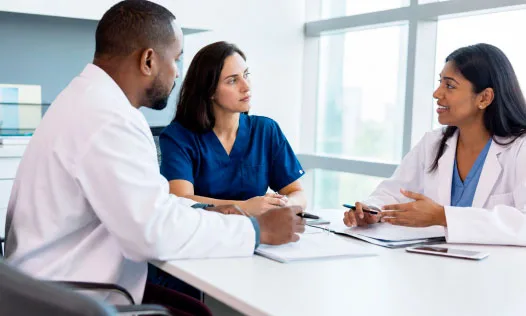 Equipe médica em reunião em ambiente de serviço de saúde